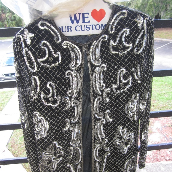Silk black jacket with silver sequined design - Picture 1 of 7
